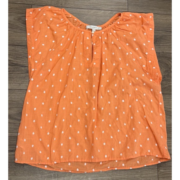 Ann Taylor LOFT blouse XL Tangerine & White Polka Dot Puff Sleeve Lightweight - Picture 3 of 7